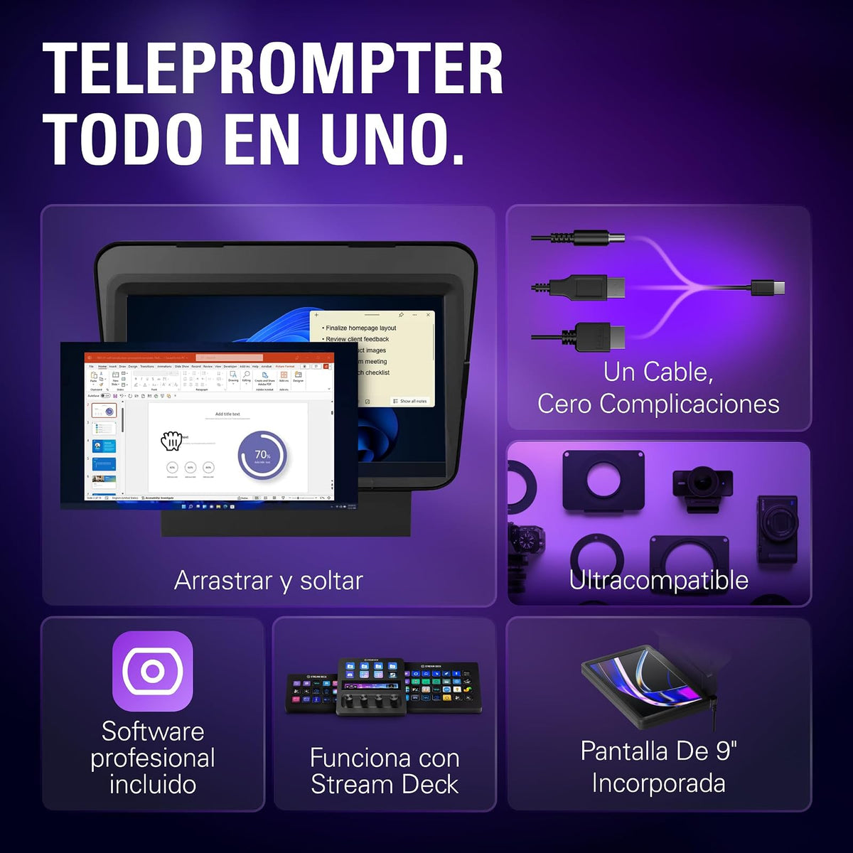 Elgato Prompter - Teleprompter con Pantalla integrada para Youtube, Twitch, Zoom, MS Teams y más, Compatible con DSLR/Webcam/Smartphone, Pantalla de Monitor de Arrastrar y soltar, Funciona con Mac/PC