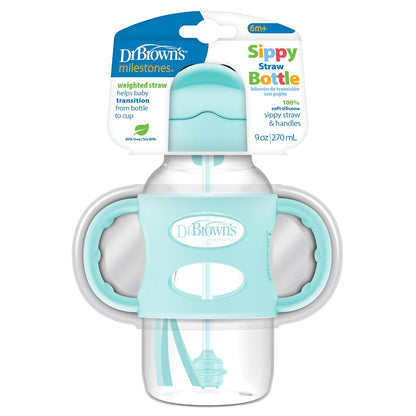 Dr. Brown's Milestones Botella de Paja Cuello Ancho, Asas de Silicona, 9 oz, Paquete de 2 - Green
