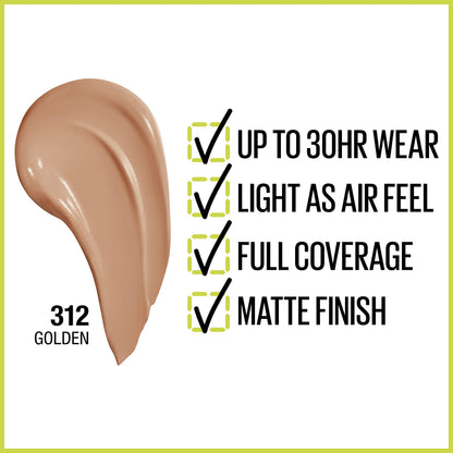 Maybelline Base de Maquillaje Superstay, Full Coverage, 312 Golden Dore, 30 ml