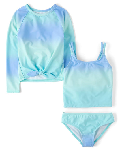 The Children's Place Long Sleeve Rashguard and Tankini Swimsuit, 3 Piece Set Juego de Tankini Niñas