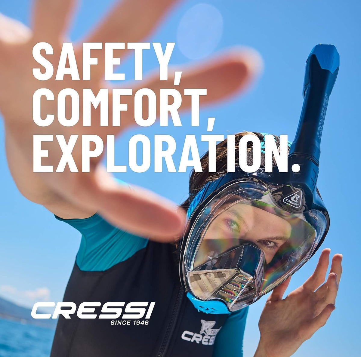 Cressi Adult Snorkeling Full Face Mask - Wide Clear View, Anti-Fog System - Easy Breathing: Safety First - Bali: Designed in Italy