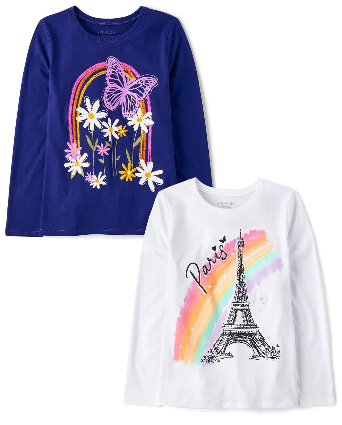 The Children's Place - Playera de Manga Larga para bebés y niñas pequeñas, Paquete de 2 - M - París - Mariposa Rainbow Paquete de 2 - 2