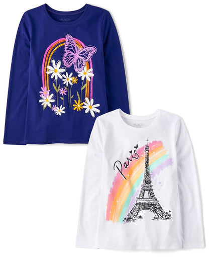 The Children's Place - Playera de Manga Larga para bebés y niñas pequeñas, Paquete de 2 - M - París - Mariposa Rainbow Paquete de 2 - 2