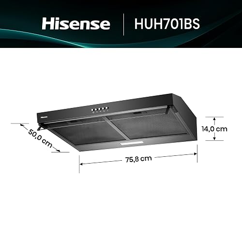 Hisense HUH701BS-Campana de Cocina,76cm, 3 Velocidades, Acero Inoxidable | Extracción, Nivel de Ruido, Recirculación, Iluminación LED, Diseño de Campana Telescópica, Filtro de Grasa Lavable