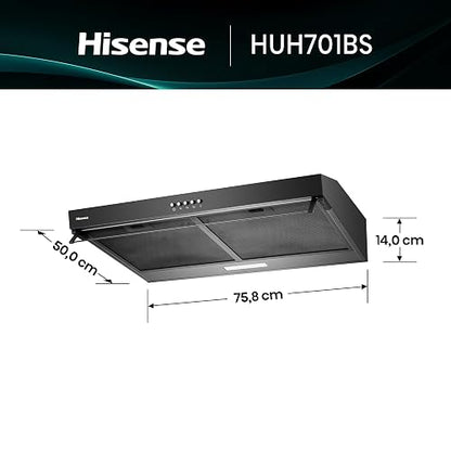 Hisense HUH701BS-Campana de Cocina,76cm, 3 Velocidades, Acero Inoxidable | Extracción, Nivel de Ruido, Recirculación, Iluminación LED, Diseño de Campana Telescópica, Filtro de Grasa Lavable