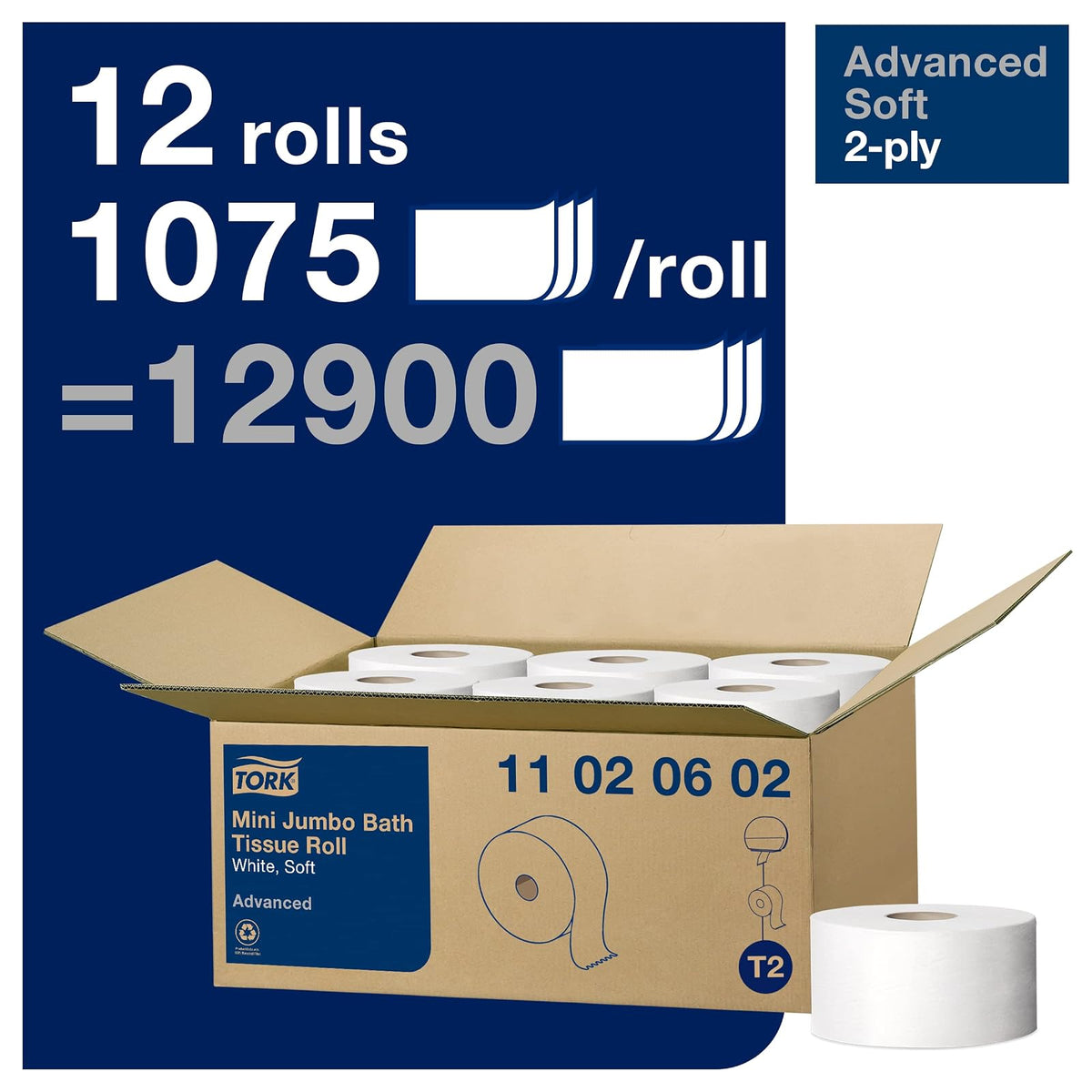 Tork 11020602 Rollo Papel Higiénico Mini Jumbo 2 Capas | Blanco, 12 x 1075 hojas, tamaño pequeño, perforado, comercial