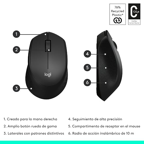 Logitech M280 Mouse Inalámbrico, 2.4 GHz, Nano Receptor USB, Seguimiento Óptico, Resolución 1000 dpi, 3 Botones, Batería de 18 Meses, Compatible con PC, Mac, Laptop, Chromebook - Negro