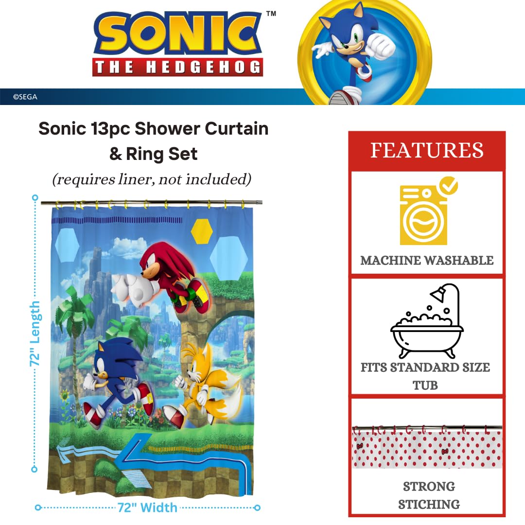 Franco Sonic Anime - Juego de Cortina de Ducha y Anillo de 13 Piezas (Producto 100% con Licencia Oficial)
