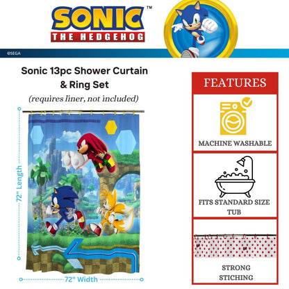 Franco Sonic Anime - Juego de Cortina de Ducha y Anillo de 13 Piezas (Producto 100% con Licencia Oficial)