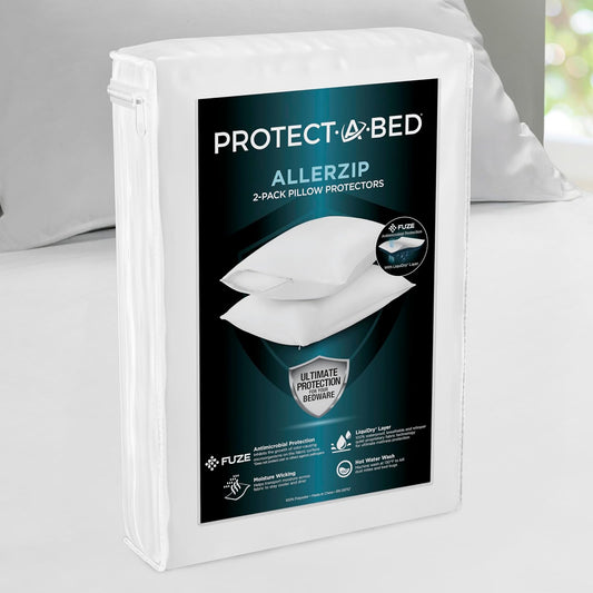 Protect-A-Bed AllerZip - Protectores de Almohada estándar de 20 x 26 Pulgadas (Juego de 2), a Prueba de chinches y ácaros, Fundas de Almohada sin Ruido y Resistentes al Olor, 100% Impermeables
