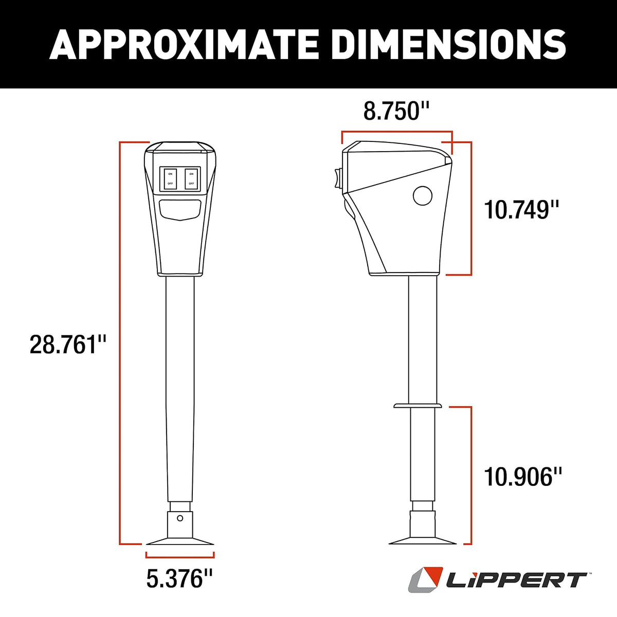 Lippert Power Tongue Jack - Marco en Forma de A, 3.5 Libras. Carrera de 18 Pulgadas, Almohadilla de pie de 5.4 Pulgadas, Carcasa Texturizada Duradera, anulación Manual de manivela de Emergencia,