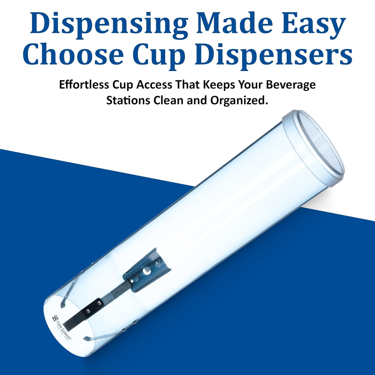 San Jamar - Dispensador grande de tazas tipo tirón de 6 a 12 onzas, tazas planas, taza de cono de 4 a 7 onzas con tapa abatible para restaurantes, hogar y oficina, plástico, 16 pulgadas, azul ártico