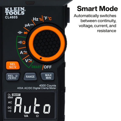 Klein Tools CL460S | Multímetro de gancho digital, de rango automático de 400A AC/DC con TRMS, medidor de voltaje con visualización retroiluminada.