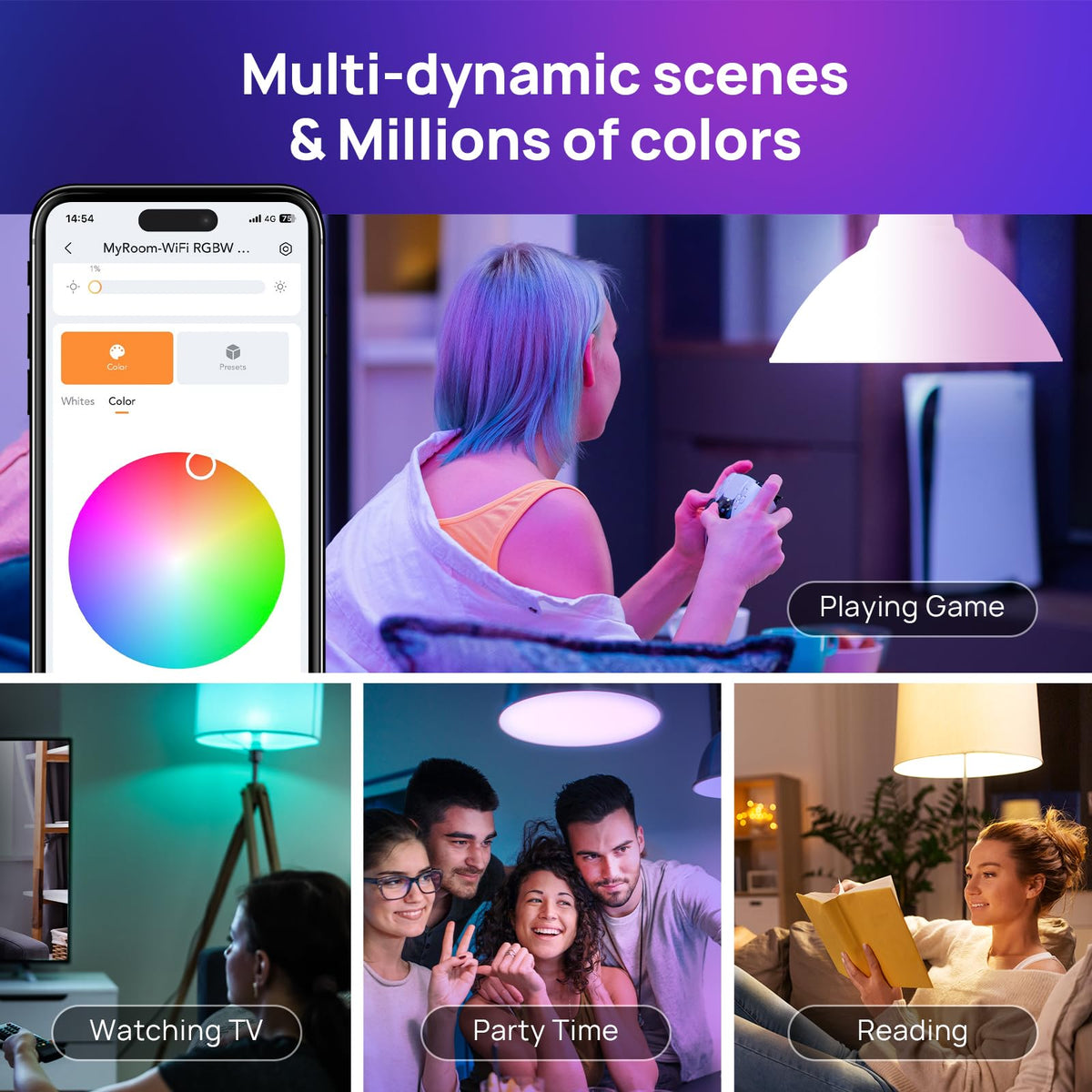 Consciot - Bombillas inteligentes, WiFi Bluetooth que cambia de color, bombillas LED A19 E26 RGBTW que funcionan con Alexa/Google Home/Apple Home/Siri, sincronización de música, foco inteligente