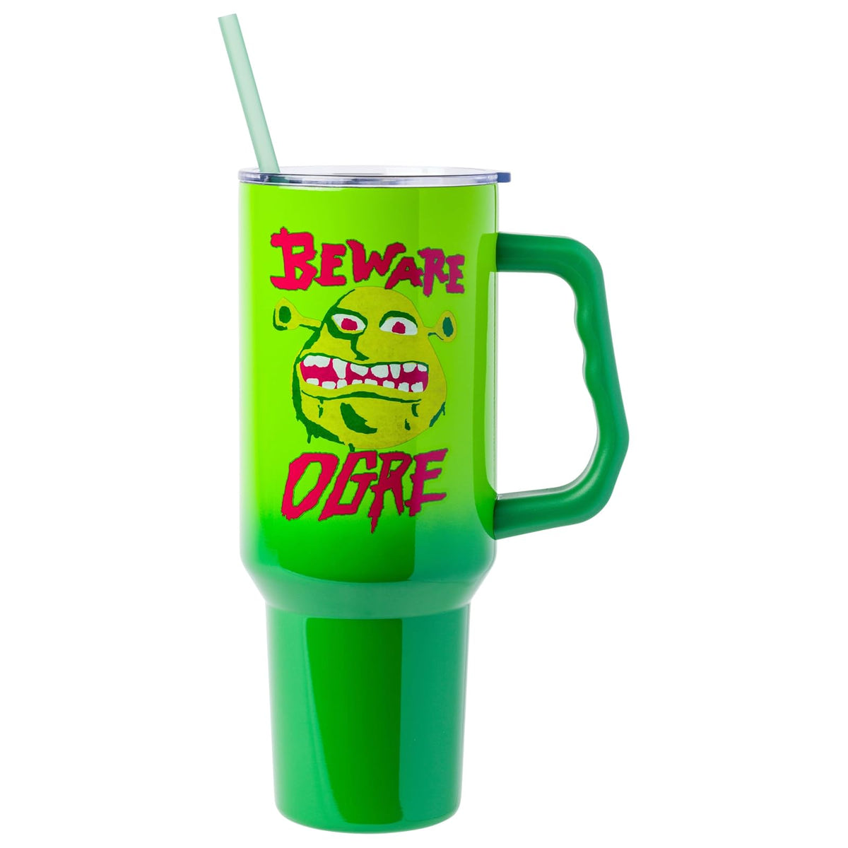 Silver Buffalo Shrek Beware - Vaso de acero inoxidable con mango y popote, se adapta a portavasos estándar, 40 onzas