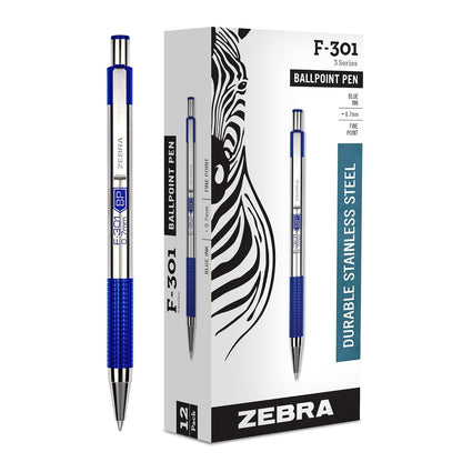 Zebra F-301 Bolígrafo Retráctil de Acero Inoxidable, Punta 0.7 mm - Blue - 12 Unidad (Paquete de 1)
