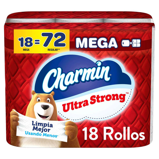 Charmin - Ultra Strong Papel Higiénico, 18 Mega Rollos, 220 Hojas por Rollo, Extra Fuerte y Duradero, No Atascable, Apto para Fosas Sépticas