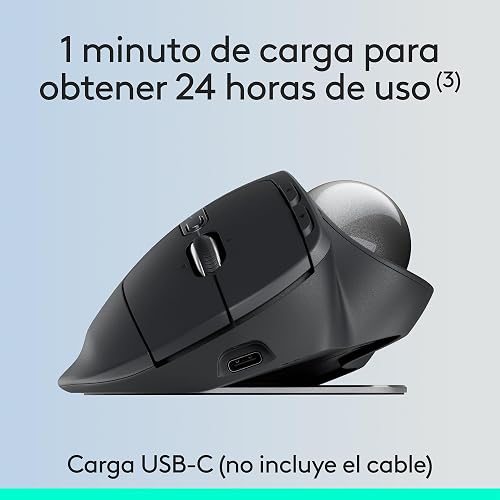 Logitech MX Ergo S Mouse inalámbrico avanzado con trackball, Mouse ergonómico inalámbrico Recargable Mediante USB-C con Bluetooth y dongle cifrado, 6 Botones programables, para PC/Mac - Grafito