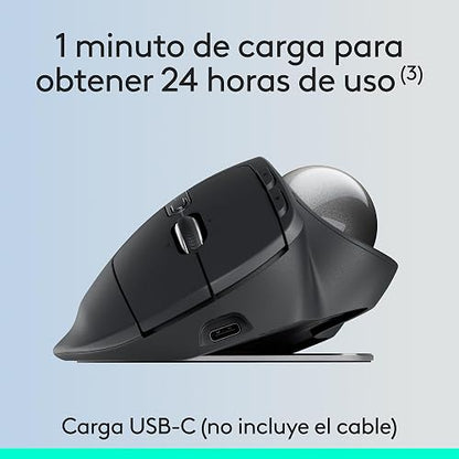 Logitech MX Ergo S Mouse inalámbrico avanzado con trackball, Mouse ergonómico inalámbrico Recargable Mediante USB-C con Bluetooth y dongle cifrado, 6 Botones programables, para PC/Mac - Grafito
