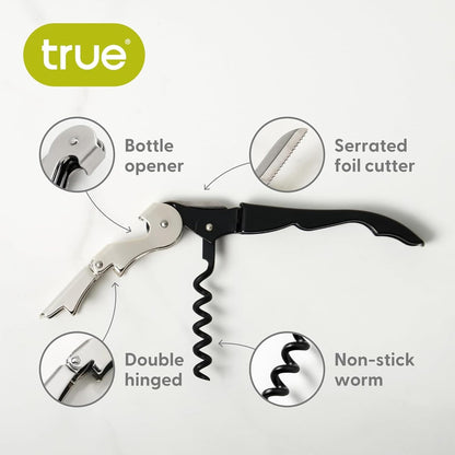 True Truetap - Abrebotellas de vino de camarero con doble bisagra, abrebotellas de vino de acero inoxidable con cortador de aluminio integrado, herramientas de bar para el hogar, accesorios de carrito