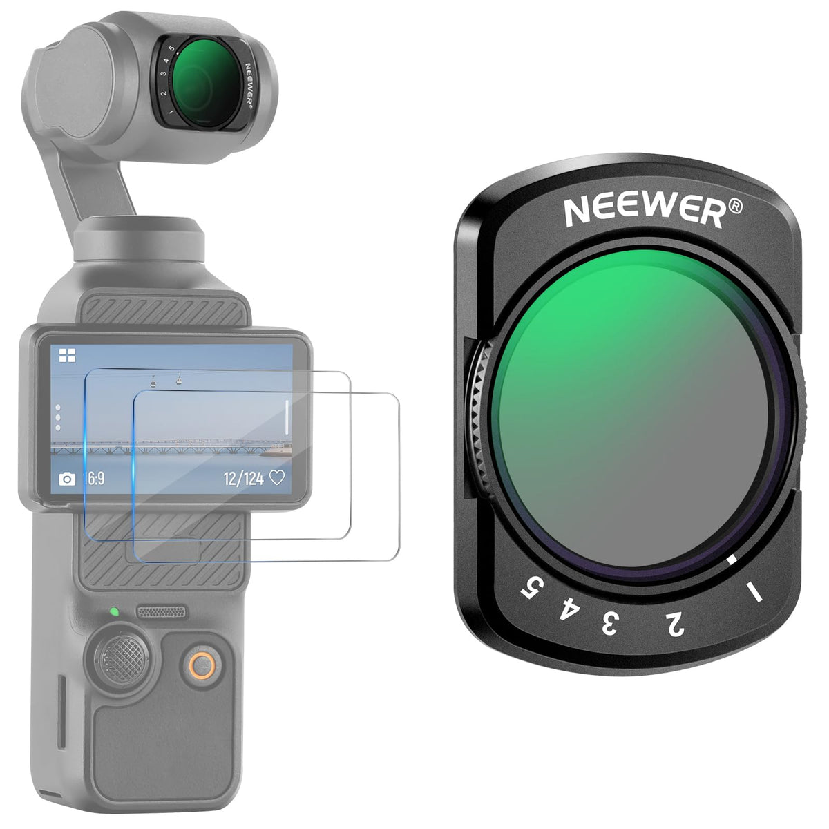 NEEWER Filtro Variable ND2-32 Compatible con dji Osmo Pocket 3,Filtro ND Ajustable Magnético 1-5 Paradas Limitadas,Accesorios Cámara Acción,Vidrio Óptico HD,Incluye 2 Protectores Pantalla LCD,FL-50