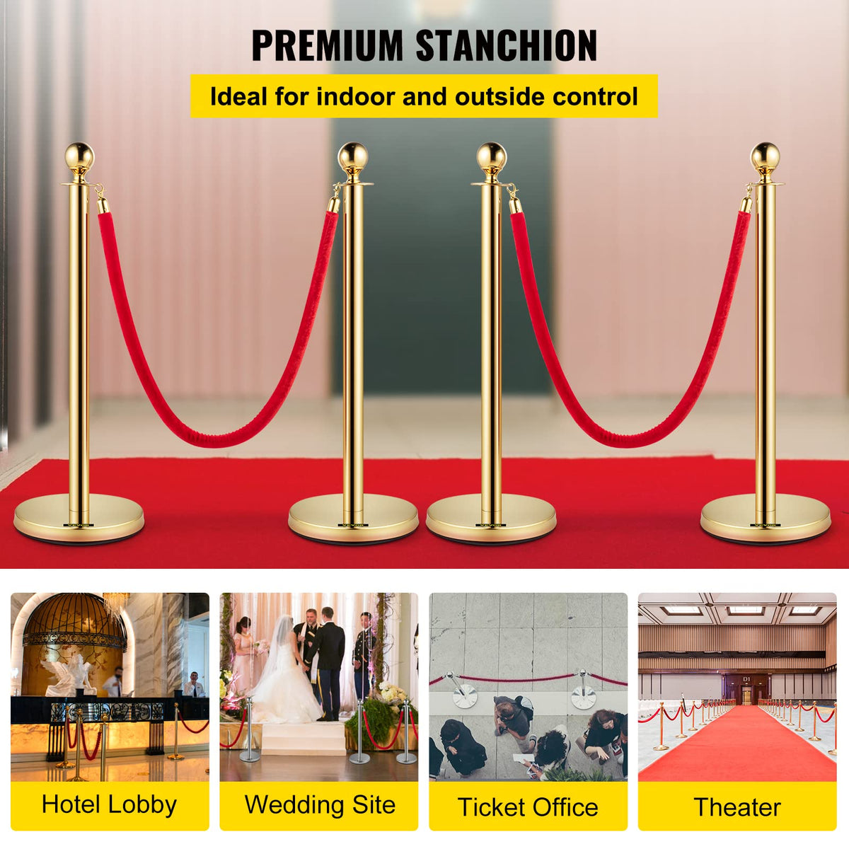 VEVOR Poste Separador de Cinta Extensible 4 Juegos Barreras de Seguridad de 2 Cuerdas Longitud de Cuerda 1.5m Dorado