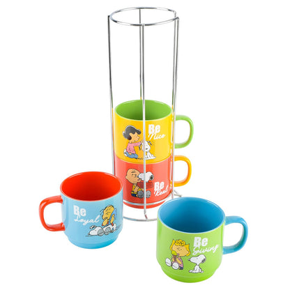 Peanuts Snoopy Gentle Reminders - Tazas apilables de 15 onzas con estante de metal, gres, paquete de 4, colores surtidos