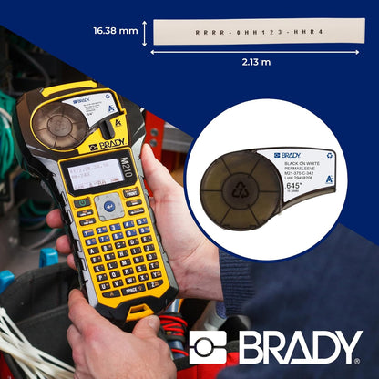 Brady PermaSleeve mangas termorretráctiles para marcar cables de poliolefina (M21-187-C-342) - Mangas negras sobre blancas - Compatible con impresoras BMP21-PLUS, IDPAL y LABPAL - 7 pies de largo, 0.645 pulgadas de ancho