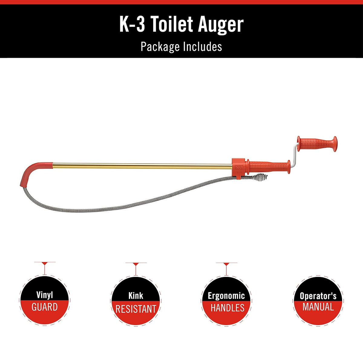RIDGID - Destapacaños para Inodoros K3, Limpieza de Obstrucciones, con Cabezal y Cubierta de Vinilo, Cable Flexible, Diseño Ergonómico, Plomería, Kit de Herramientas