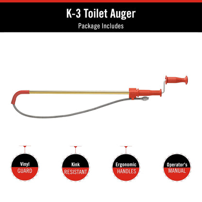 RIDGID - Destapacaños para Inodoros K3, Limpieza de Obstrucciones, con Cabezal y Cubierta de Vinilo, Cable Flexible, Diseño Ergonómico, Plomería, Kit de Herramientas