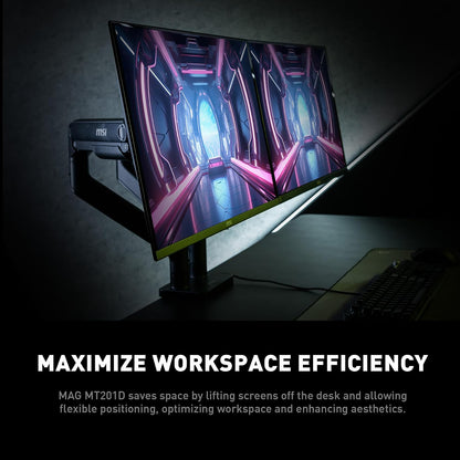 MSI mag MT201 - Brazo de Soporte de Monitor único de Alta Resistencia, soporta Pantallas de 17-49 Pulgadas y 44 Libras, Compatible con VESA, Montaje asistido por Resorte Ajustable, Abrazadera y Ojal,