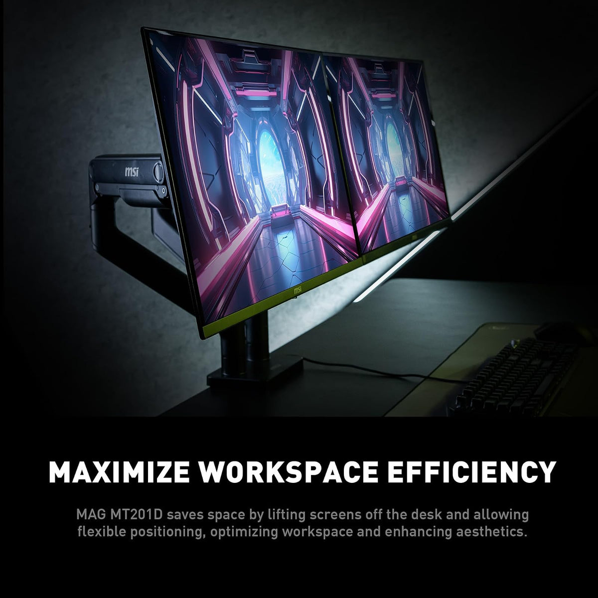MSI mag MT201D - Brazos de Soporte para Monitor Doble de Alta Resistencia, Soporte de 17 a 45 Pulgadas, Compatible con VESA, Montaje de Resorte Ajustable, 44 Libras por visualización, Abrazadera y