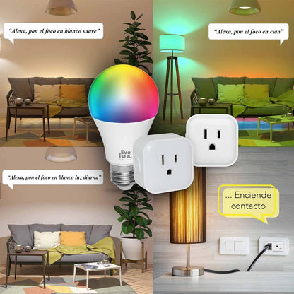 Lloyd's Set de 2 Contactos Inteligentes WiFi + Evolux by Foco LED Inteligente WiFi A19 configuración automática (Redes de 2.4 GHz) Compatible con Alexa (3 Focos)