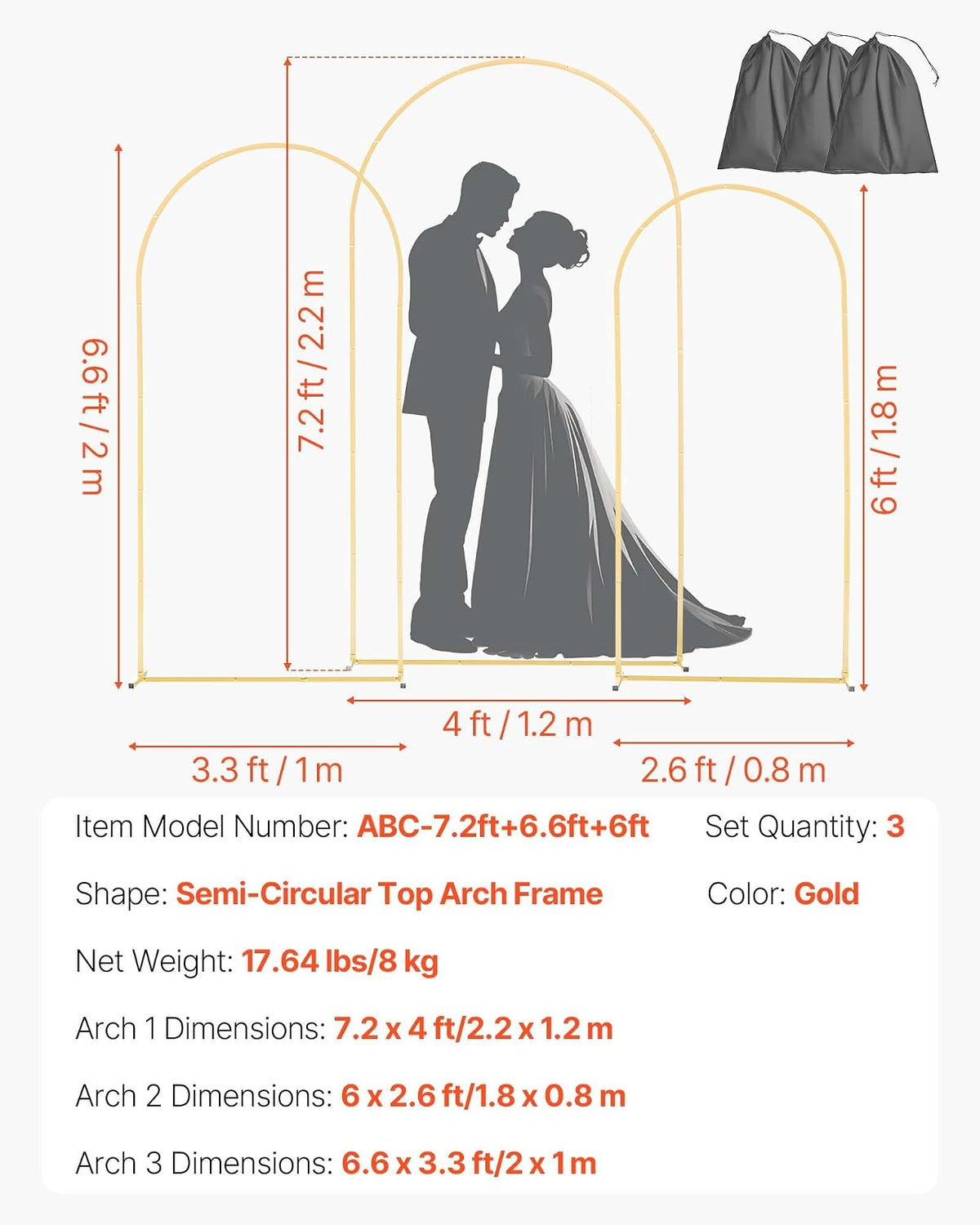VEVOR Soporte de Arco Dorado, Juego de 3 uds de 2,2 x 1,2 m/2 x 1 m/1,8 x 0,8 m, Estructura Estable, para Fondo de Bodas, Cumpleaños, Graduaciones, Fiestas y Decoración de Ceremonias, Semicircular