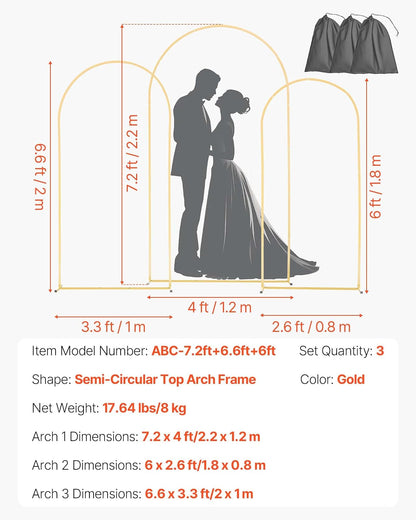 VEVOR Soporte de Arco Dorado, Juego de 3 uds de 2,2 x 1,2 m/2 x 1 m/1,8 x 0,8 m, Estructura Estable, para Fondo de Bodas, Cumpleaños, Graduaciones, Fiestas y Decoración de Ceremonias, Semicircular
