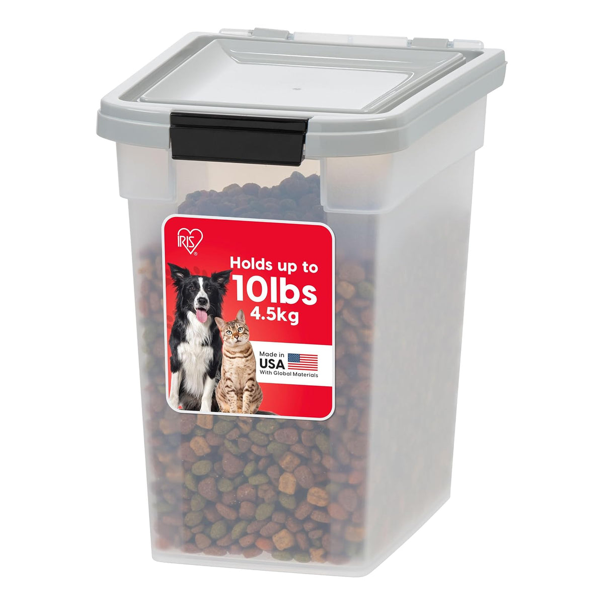 IRIS USA Contenedor para Alimento de Perro, Hasta 10 lb, Transparente/Gris | Libre de BPA, sello hermético, ideal para comida de gatos, semillas de aves, alimento de pollo, juguetes, premios y pellets