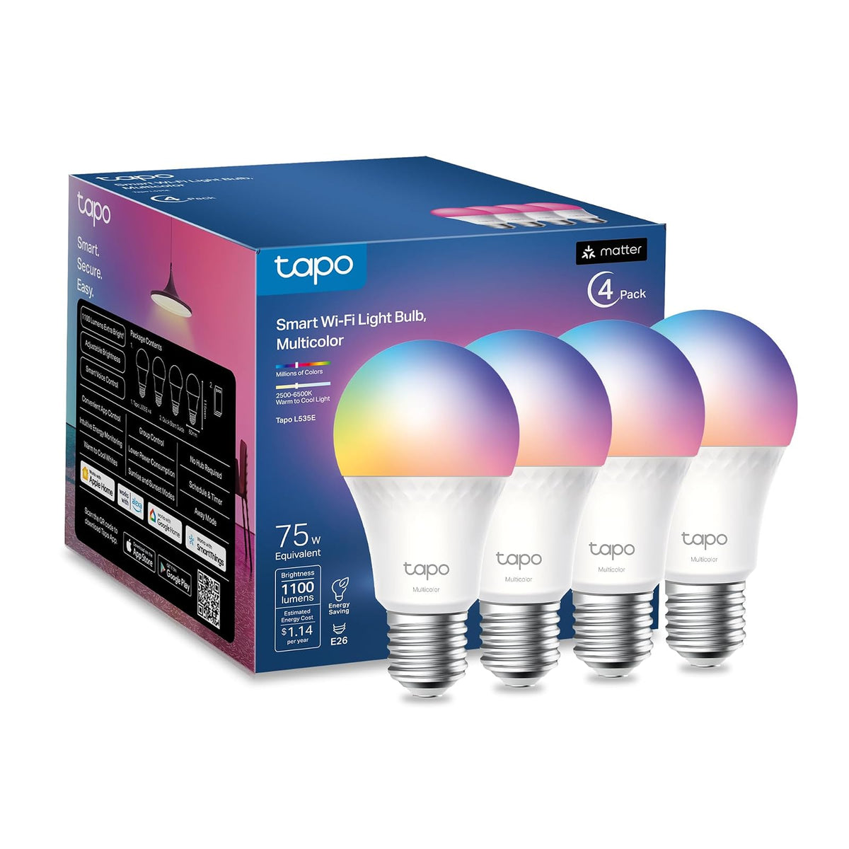Tapo - Bombillas inteligentes de 1100 lúmenes (equivalente a 75 W), certificado Matter, foco WiFi de 16 M colores, regulable, funciona con Siri, Alexa y Google Home, A19 E26 (4 Pack)