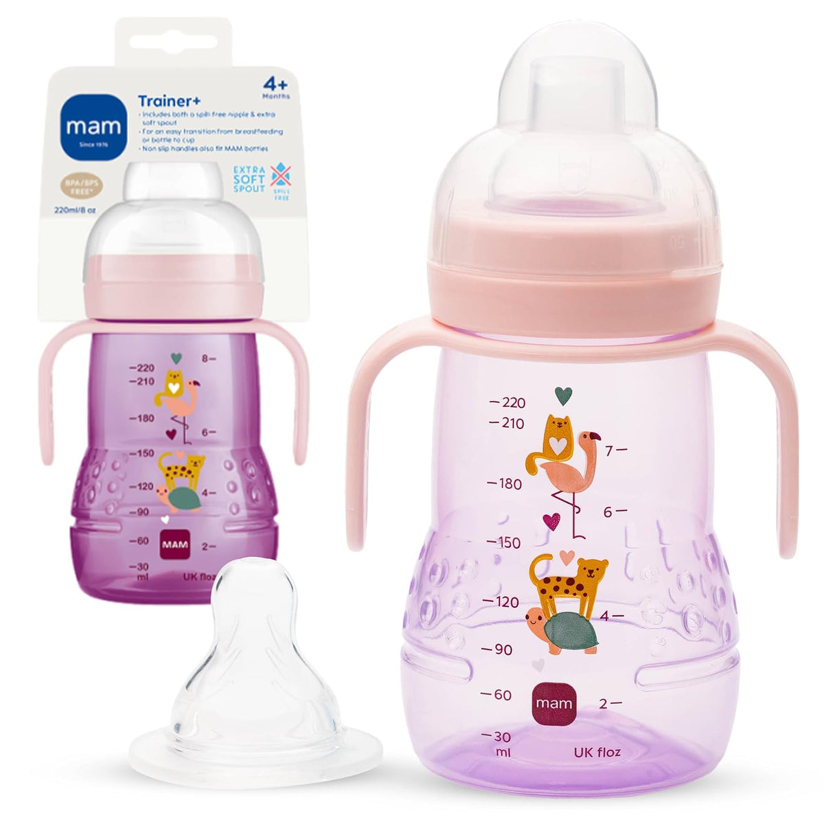 MAM Trainer with Handles, Girl, 8 Ounces, 1-Count | Taza para beber con boquilla extra suave, pezón sin derrames y asas antideslizantes, sin BPA, fabricado en Europa