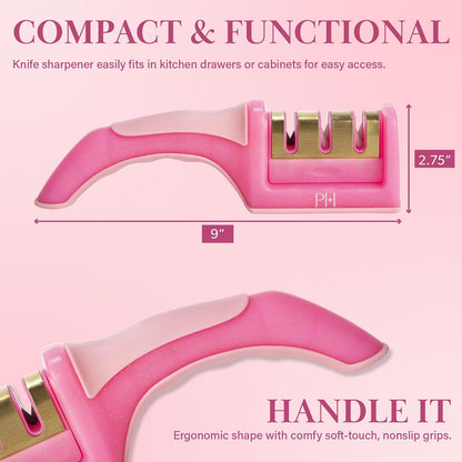 Paris Hilton Afilador de cuchillos de 3 etapas, afilador de cuchillos de cocina profesional con mango ergonómico, base antideslizante y etapas de afilado gruesas, medias y finas, color rosa