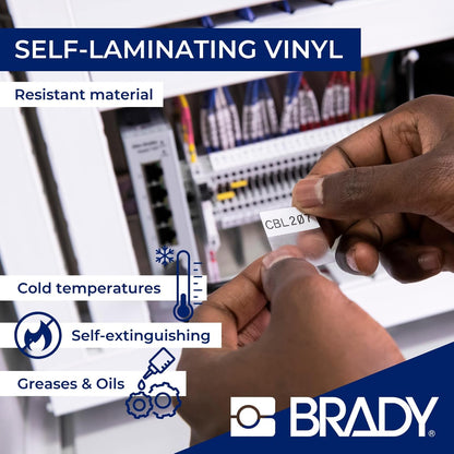 Brady Authentic (M4-49-427) Etiquetas de vinilo autolaminadas alrededor de 1 alto x 1 ancho negro sobre blanco, transparente, 260 etiquetas