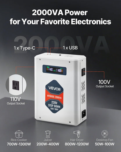 VEVOR Convertidor Reductor de Voltaje de 2000 VA, de 220 V a 110 V, de Alta Resistencia, con 2 Tomas de Corriente Estadounidenses, Salida USB, Pantalla LCD, Protección de Temperatura, Blanco