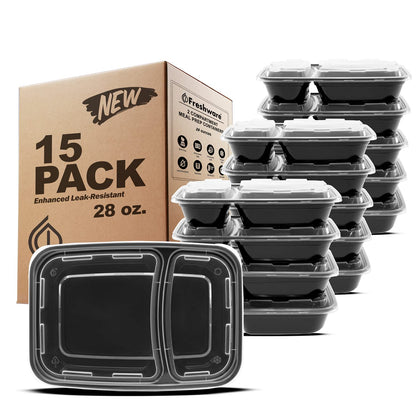 Freshware - Recipientes para preparación de comidas (15 unidades), 2 compartimentos con tapas, caja bento, sin BPA, apilables, aptos para microondas/lavaplatos/congelador (32 onzas), negro, 28