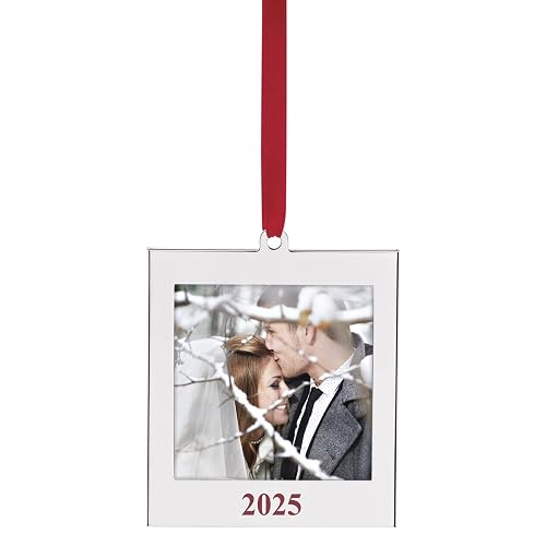 Lenox 897121 2025 - Marco de Fotos | Plateado sobre acero inoxidable | sostiene una pequeña foto familiar | Cinta roja para colgar | Regalo de recuerdo
