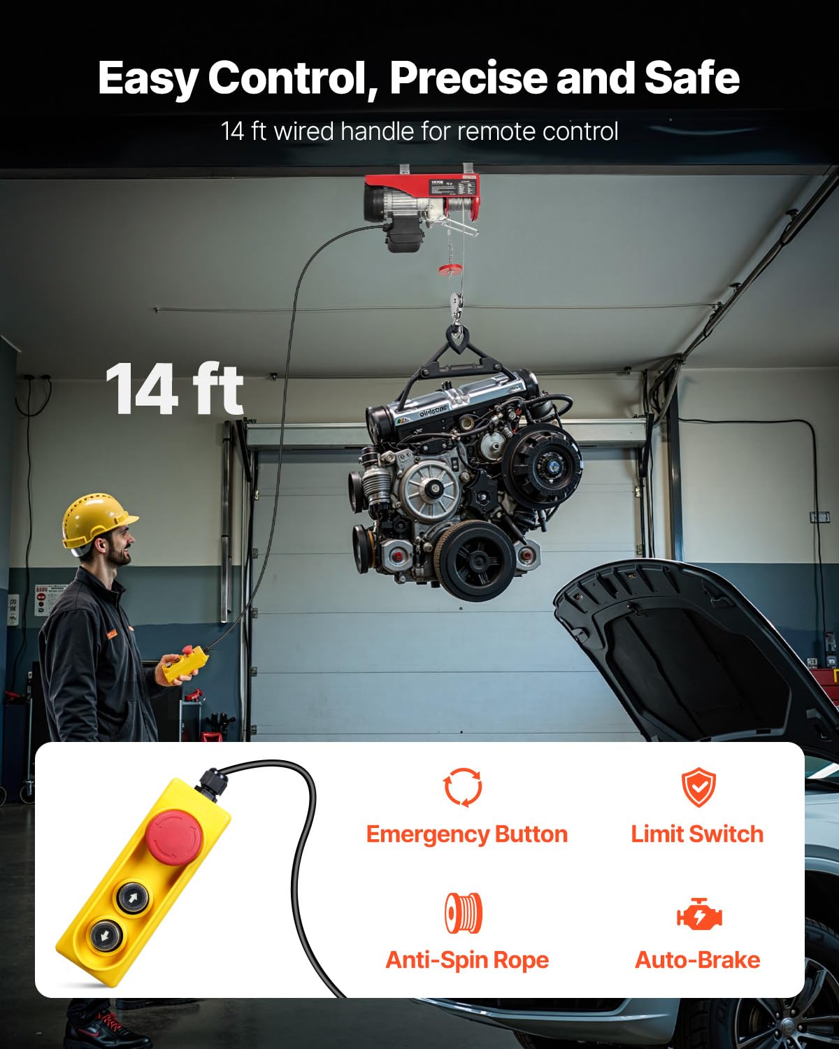 VEVOR Polipasto eléctrico de 440 libras con control remoto con cable de 14 pies, polipasto eléctrico de 110 voltios con altura de elevación de cable único de 40 pies y motor de cobre puro, para fábric