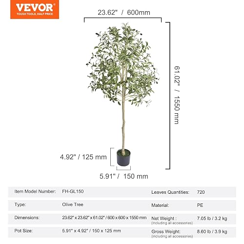 VEVOR Olivo Artificial, 1,5 m de Altura, Material de Polietileno Seguro y protección antivuelco, Planta de bajo Mantenimiento, árbol Artificial Verde Realista en Maceta para decoración de Interiores