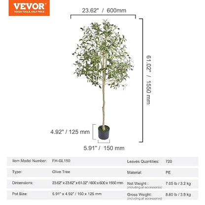 VEVOR Olivo Artificial, 1,5 m de Altura, Material de Polietileno Seguro y protección antivuelco, Planta de bajo Mantenimiento, árbol Artificial Verde Realista en Maceta para decoración de Interiores