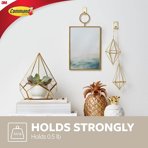 Command - Ganchos metálicos pequeños de color latón, 4 ganchos y 5 tiras de comando, ganchos de pared sin daños con tiras adhesivas, ganchos adhesivos sin herramientas para colgar la decoración del