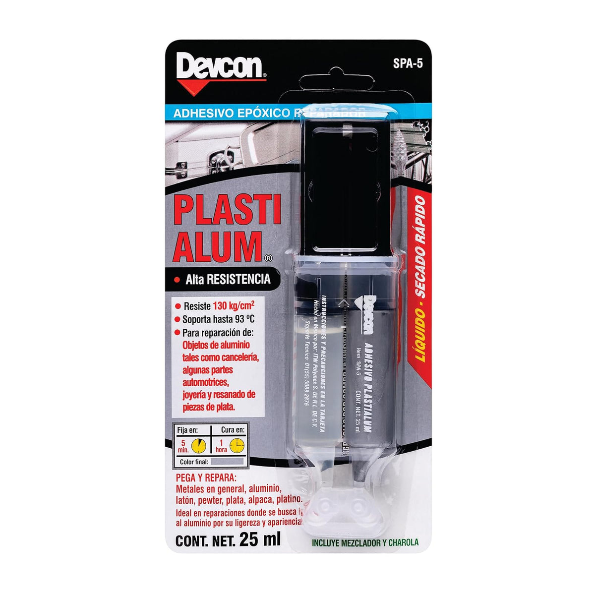 Adhesivo epóxico 5 Minutos® PLASTI Alum® DEVCON® jeringa 25 ml con Pigmento de Aluminio Secado rápido.