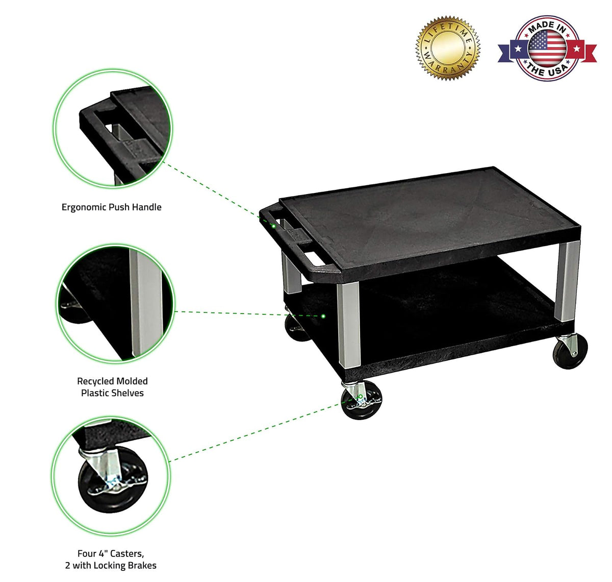 Luxor 16"H Multipurpose Rolling Utility Storage AV Cart - Black, 2 Shelves with Nickel Legs