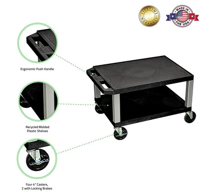 Luxor 16"H Multipurpose Rolling Utility Storage AV Cart - Black, 2 Shelves with Nickel Legs